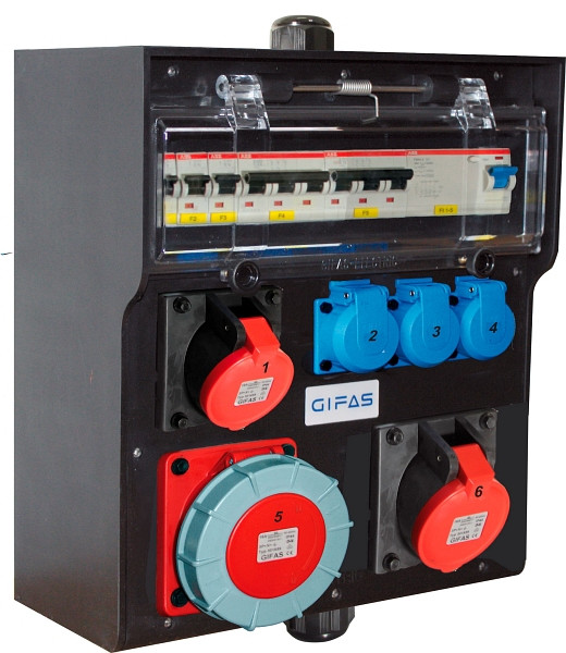 GIFAS Vollgummi-Wandverteiler Typ 7700, 1x CEE 63/32/16 400V, 2x Schuko, LS, FI, 2x PG unten, 294993