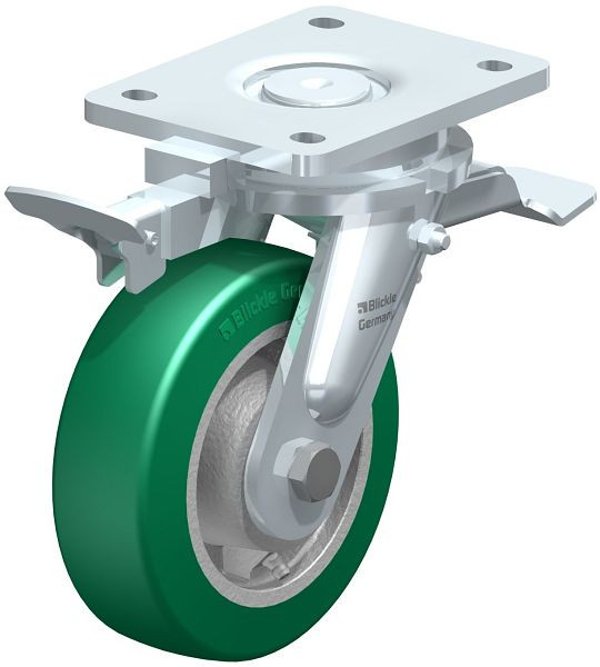 Blickle LO-GST 150K-ST-RI4 Stahlgeschweißte Schwerlast-Lenkrolle mit Feststeller, Blickle Softhane®, Grün, 852403