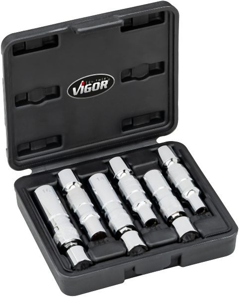 VIGOR Glühkerzenausdreher Satz, 3/8″, Außen Doppelsechskant Profil, 6-teilig, 8, 9, 10, 12, 14, 16, Anzahl Werkzeuge: 6, V7016/6