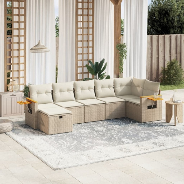 vidaXL 7-tlg. Garten-Sofagarnitur mit Kissen Beige Poly Rattan, UV-beständig, 3265531