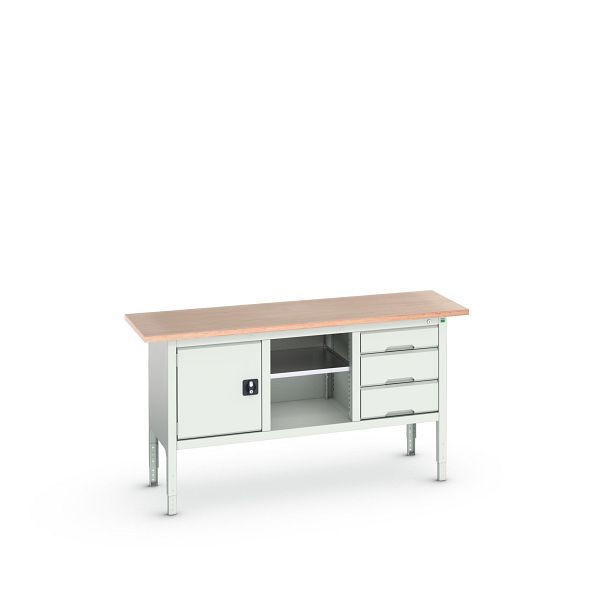 bott verso Kastenwerkbank (Multiplex-Platte) 3 Schubladen, 1 Tür und 1 Ablageboden, BxTxH: 1750 x 600 x 830 - 930 mm, Lichtgrau / Lichtgrau, 16923020.16