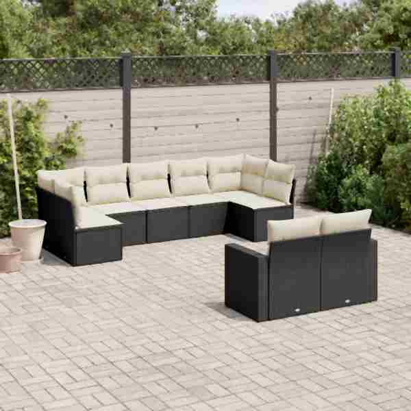 vidaXL 9-tlg. Garten-Sofagarnitur mit Kissen Schwarz Poly Rattan, UV-beständig, 3219406