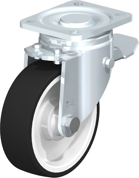 Blickle LH-POTH 125K-1-ST Stahlblech-Lenkrolle, Schwerlast-Ausführung, mit Anschraubplatte & Feststeller, Thermoplastisches Polyurethan, Grau, 298885
