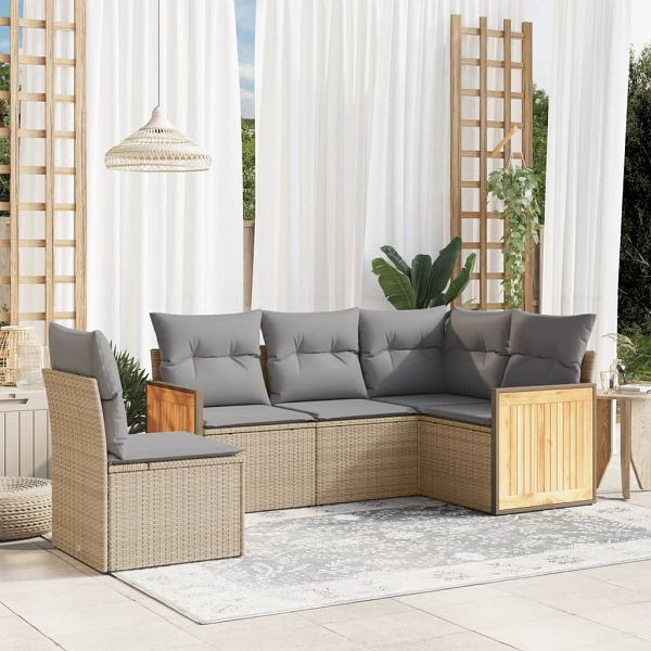 vidaXL 5-teilig Garten-Sofagarnitur mit Kissen Beige Poly Rattan, 3227655
