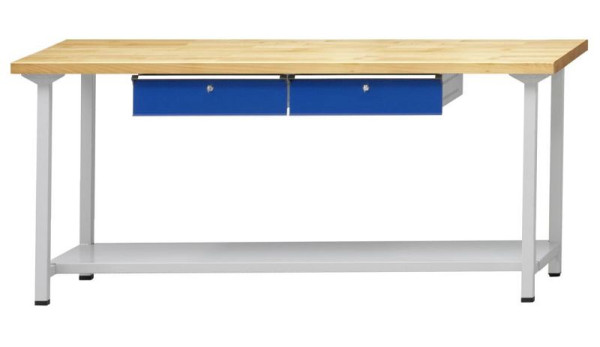 ANKE Werkbänke Arbeitstisch; 2000x800x840 mm; RAL 7035/5010; Buche-Massiv-Platte 40 mm; 2xHängeschublade; 1xAblageboden aus Stahlblech 600 mm tief, 401.380