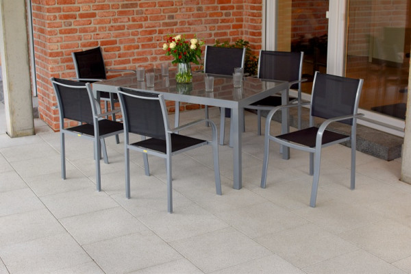 Merxx Ostia Set 7-teilig, 6 Stapelsessel, 1 Tisch, 150 x 90 cm, silber/schwarz, Aluminiumgestell mit Textilbespannung, 50271-317