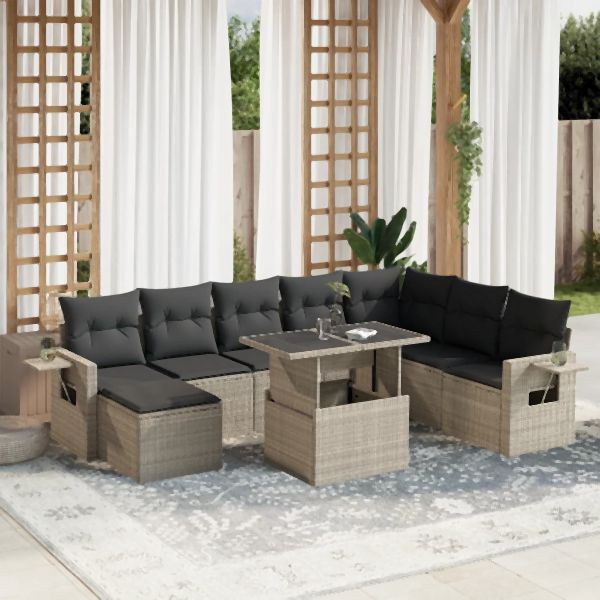 vidaXL 9-tlg. Garten-Sofagarnitur mit Kissen Hellgrau Poly Rattan, 3268102