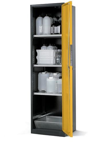 asecos Chemikalienschrank Systema CS-53R, Korpus anthrazit, gelb, 3 Einlegeböden und Bodenwanne, 202575