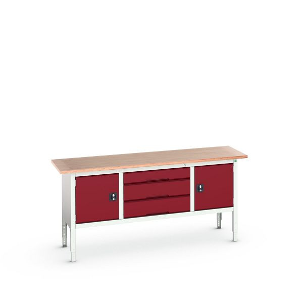 bott verso Kastenwerkbank (Multiplex-Platte) mit 3 Schubladen und 2 Türen, BxTxH: 2000 x 600 x 830 - 930 mm, Lichtgrau / Purpurrot, 16923032.24