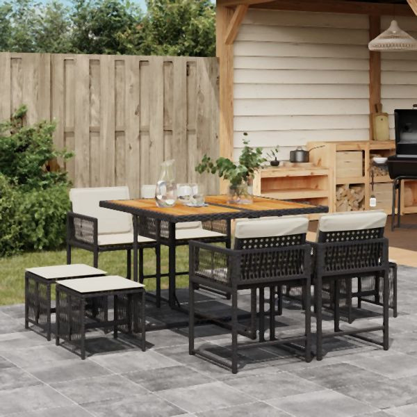 vidaXL 9-tlg. Garten-Essgruppe mit Kissen Schwarz Poly Rattan, 3211503