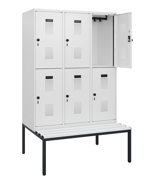 C+P Doppelstöckiger Spind Evolo PLUS, Bank, 6 Fächer, 1950x1200x815mm, 9016/9016, Drehriegel, Sitzfläche Kunststoff, Sitzbank, 0493505-32 S10121