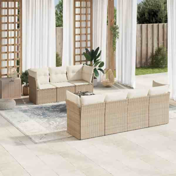 vidaXL 8-tlg. Garten-Sofagarnitur mit Kissen Beige Poly Rattan, UV-beständig, 3249117
