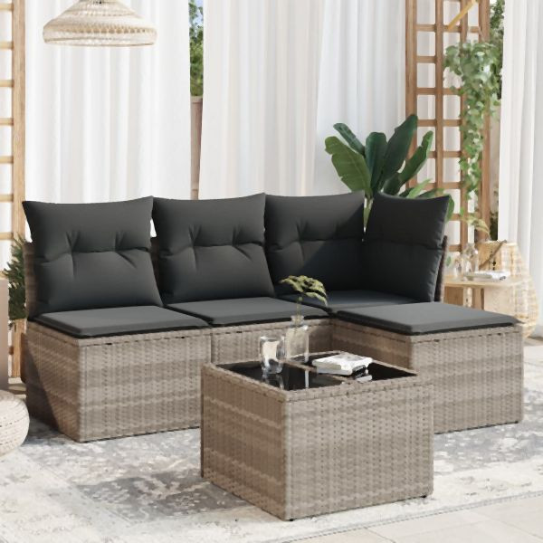 vidaXL 5-tlg. Garten-Sofagarnitur mit Kissen Hellgrau Poly Rattan, 3249351