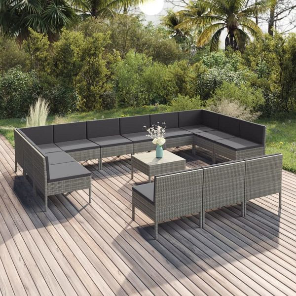 vidaXL 14-teilig Garten-Lounge-Set mit Auflagen Poly Rattan Grau, 3094618