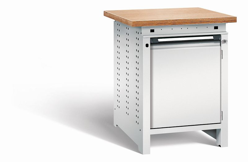 Otto Kind Werkbank Serie function Typ 104, Multiplexplatte 40 mm, überstehend, 1Tür 570 mm, 1 Ablageboden, komplett RAL 7035, 072321217