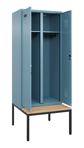 C+P Schwarz-Weiß-Spind Evolo PLUS, Bank, 2 Abteile, 2120x800x815mm, 0010/0010, Zylinderschloss, Sitzfläche Buche-Hartholz, Sitzbank, 0490527-22 S10048