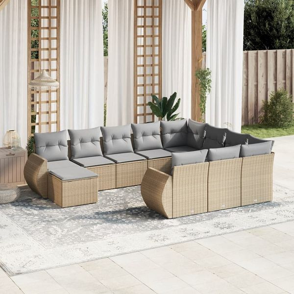 vidaXL 11-tlg. Garten-Sofagarnitur mit Kissen Beige Poly Rattan, 3225191