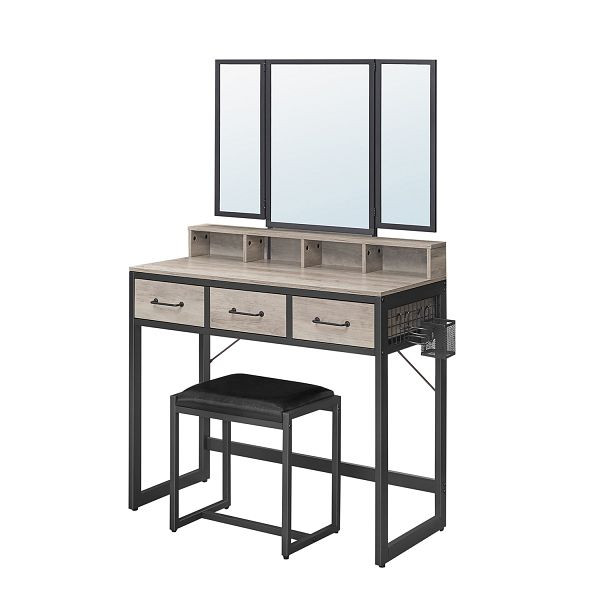 VASAGLE Schminktisch mit gepolstertem Hocker, Schminktisch mit dreifachem Spiegel, 3 Schubladen, Föhn-Halter, Industriestil, Eichenbraun/Schwarz, RVT004B50