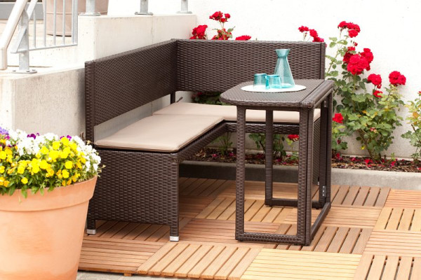 Merxx Eckbank Set, 1 Eckbank, 148 x 100 x 91 cm, inkl. Sitzkissen, 1 Klappentisch, 90 x 50 x 75 cm, braun, Stahlgestell mit Kunststoffgeflecht, 50505-210