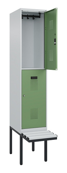 C+P Doppelstock-Spind Evolo PLUS, Bank, 2 Fächer, 2120x400x815mm, 7035/6011, Zylinderschloss, Sitzfläche Kunststoff, 0493407-12 S10118