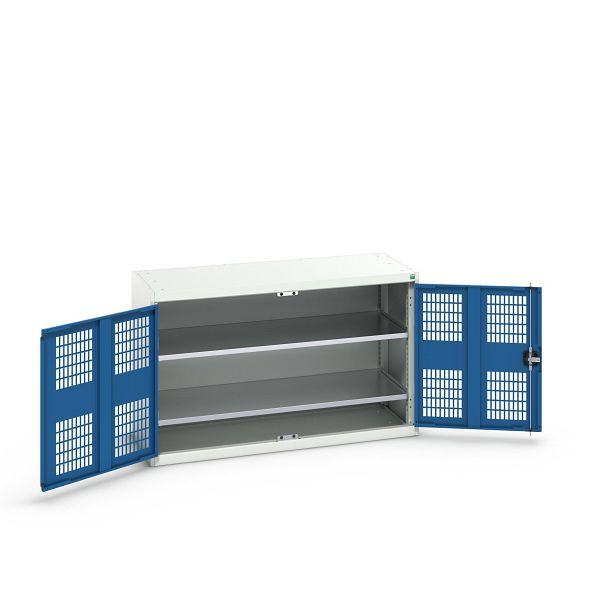bott verso Flügeltürschrank mit Belüftung, mit 2 Fachböden, BxTxH: 1300 x 550 x 800 mm, Lichtgrau / Enzianblau, 16926780.11