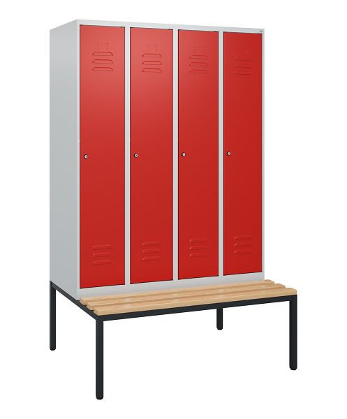 C+P Umkleidespind Classic PLUS, mit untergebauter Sitzbank, 4 Abteile, 1950x1200x815mm, 7035/3020, Zylinderschlösser, Buche-Sitzleisten, 0800505-40 S10017