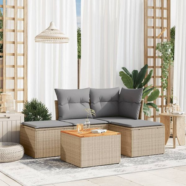 vidaXL 5-teilig Garten-Sofagarnitur mit Kissen Beige Poly Rattan, 3255919