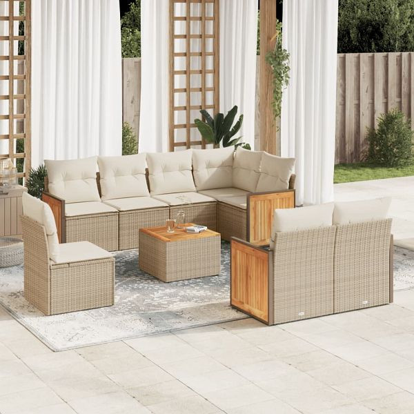 vidaXL 9-teilig Garten-Sofagarnitur mit Kissen Beige Poly Rattan, 3227850