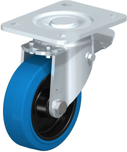 Blickle LH-POEV 125XR-3-ST-SB Stahlblech-Lenkrolle, Schwerlast-Ausführung, mit Anschraubplatte & Feststeller, Elastik-Vollgummi, Blau, 851794