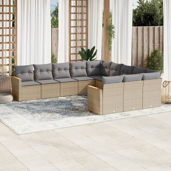 vidaXL 11-teilig Garten-Sofagarnitur mit Kissen Beige Poly Rattan, 3258832