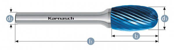 Karnasch Hartmetall-Frässtift Blue-Tec beschichtet TRE/ HP-2 d1=3 / l2=6 / d2=3 / l1=38mm, VE: 5 Stück, 115040010