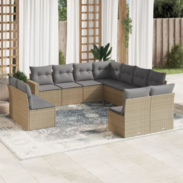 vidaXL 11-tlg. Garten-Sofagarnitur mit Kissen Beige Poly Rattan, 3251466