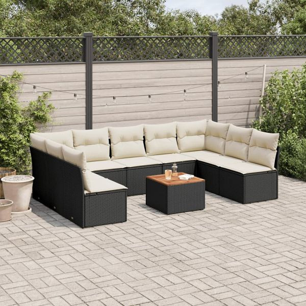 vidaXL 10-tlg. Garten-Sofagarnitur mit Kissen Schwarz Poly Rattan, 3256119