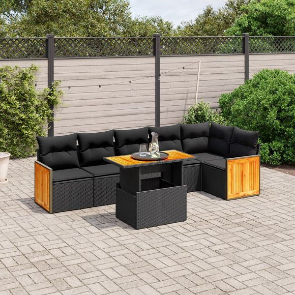 vidaXL 7-teilig Garten-Sofagarnitur mit Kissen Schwarz Poly Rattan, 3273967
