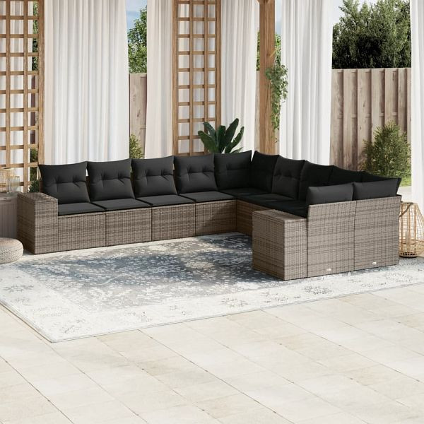 vidaXL 10-teilig Garten-Sofagarnitur mit Kissen Grau Poly Rattan, 3255447