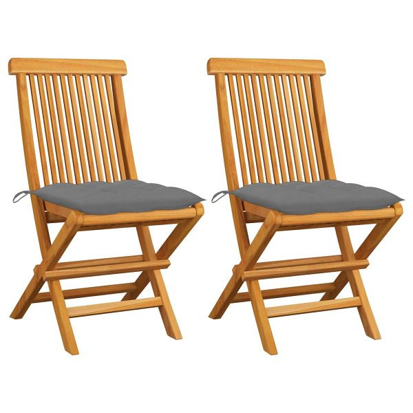 vidaXL Gartenstühle mit Grauen Kissen 2 Stück Massivholz Teak, 3062476
