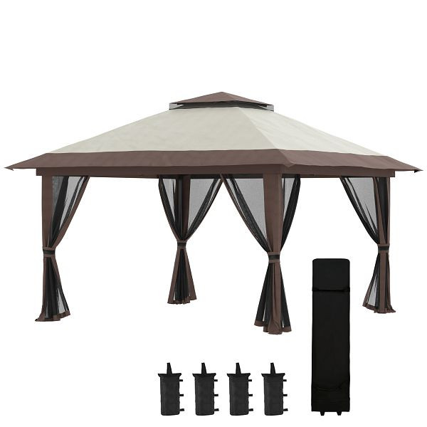 Outsunny Faltpavillon, höhenverstellbar, 4 Netzwände, Lüftungsdach, Tragetasche, Schnellaufbau, 4 x 4 x 3 m, Beige, 84C-353V00BG