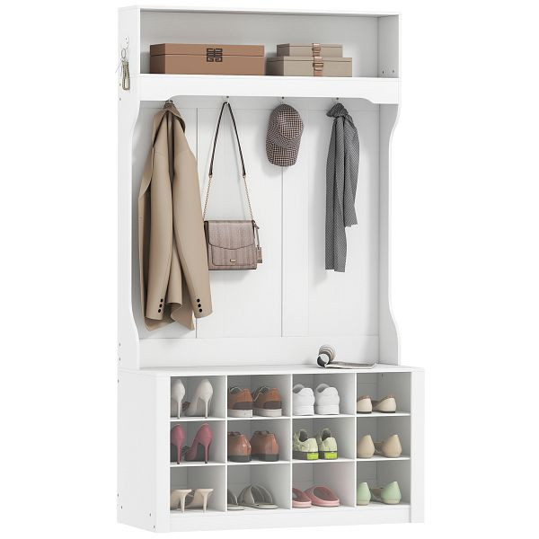HOMCOM Garderobe mit Regal, Bank, Haken, Schuhfächern, Spanplatten, MDF, Weiß, 837-631V90WT