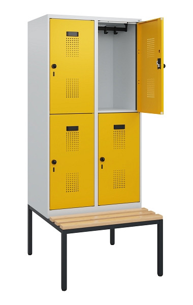 C+P Doppelstöckiger Spind Evolo PLUS, Bank, 4 Fächer, 1950x800x815mm, 7035/1004, Drehriegel, Sitzfläche Buche-Hartholz, Sitzbank, 0493505-22 S10000
