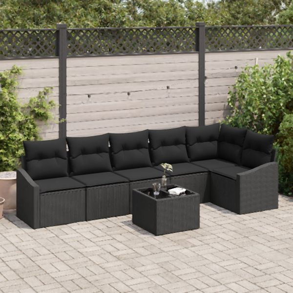 vidaXL Garten-Sofa-Garnitur Set von 7 Schwarz Poly-Rattan, 3355422