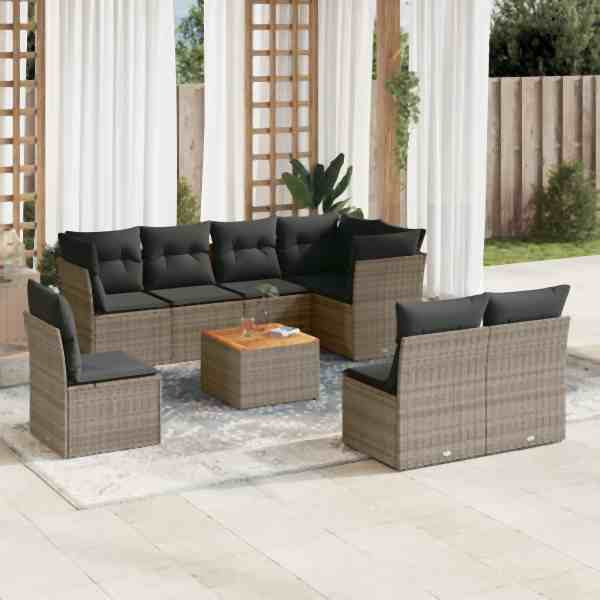 vidaXL 9-tlg. Garten-Sofagarnitur mit Kissen Grau Poly Rattan, UV-beständig, 3256018