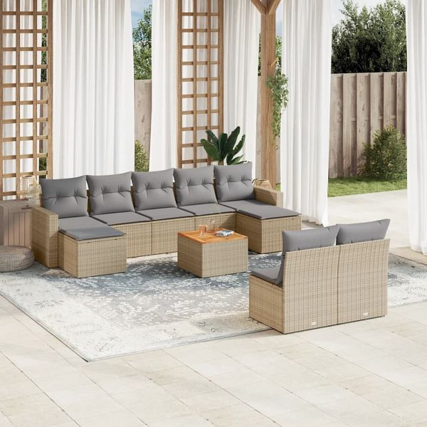 vidaXL 10-tlg. Garten-Sofagarnitur mit Kissen Beige Poly Rattan, 3224323