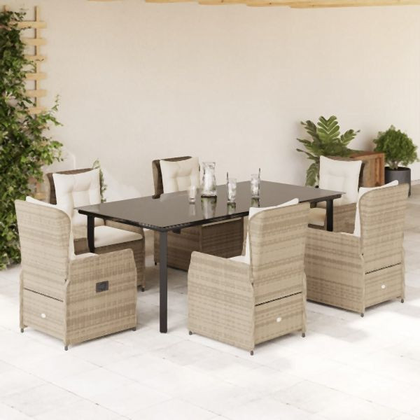 vidaXL 7-tlg. Garten-Essgruppe mit Kissen Beige Poly Rattan, 3262894