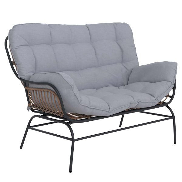 Mendler 2er-Sofa HWC-P75, Gartensofa Gartenbank Couch 2-Sitzer, Stoff 220g/m² Poly-Rattan Metall, dunkelgrau, Polster hellgrau, 119737