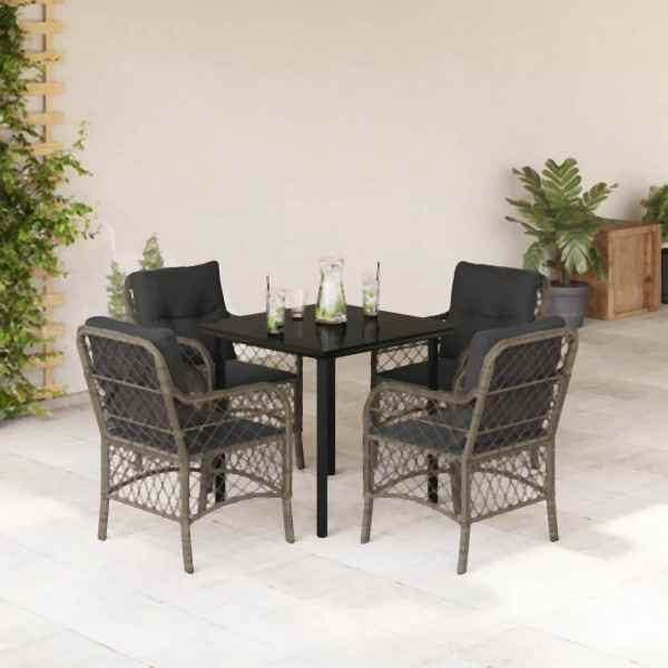 vidaXL 5-tlg. Garten-Essgruppe mit Kissen Grau Poly Rattan, UV-beständig, 3212132