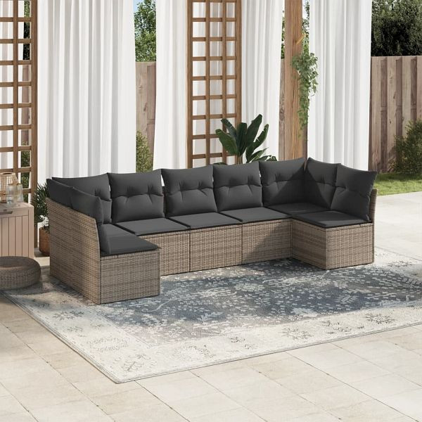 vidaXL 7-tlg. Garten-Sofagarnitur mit Kissen Grau Poly Rattan, 3249269