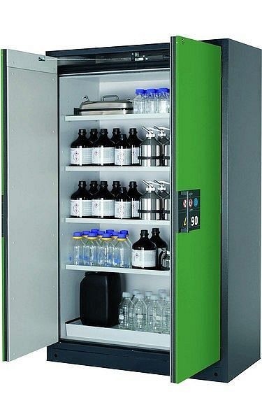 asecos Sicherheitsschrank Q-PEGASUS-90, Q90.195.120.WDAC in resedagrün RAL 6011 mit 4x Fachboden (Stahlblech), 30002-048-30004