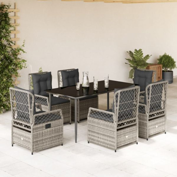 vidaXL 7-tlg. Garten-Essgruppe mit Kissen Grau Poly Rattan, 3262989