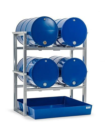 DENIOS Fassregal für 4 Fässer à 200 Liter, mit Stahlwanne, 1429 x 1210 x 1637 mm, 291784