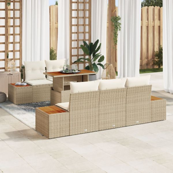 vidaXL 6-teilige Garten Essgruppe mit Kissen Beige Poly Rattan Akazie, 3350028